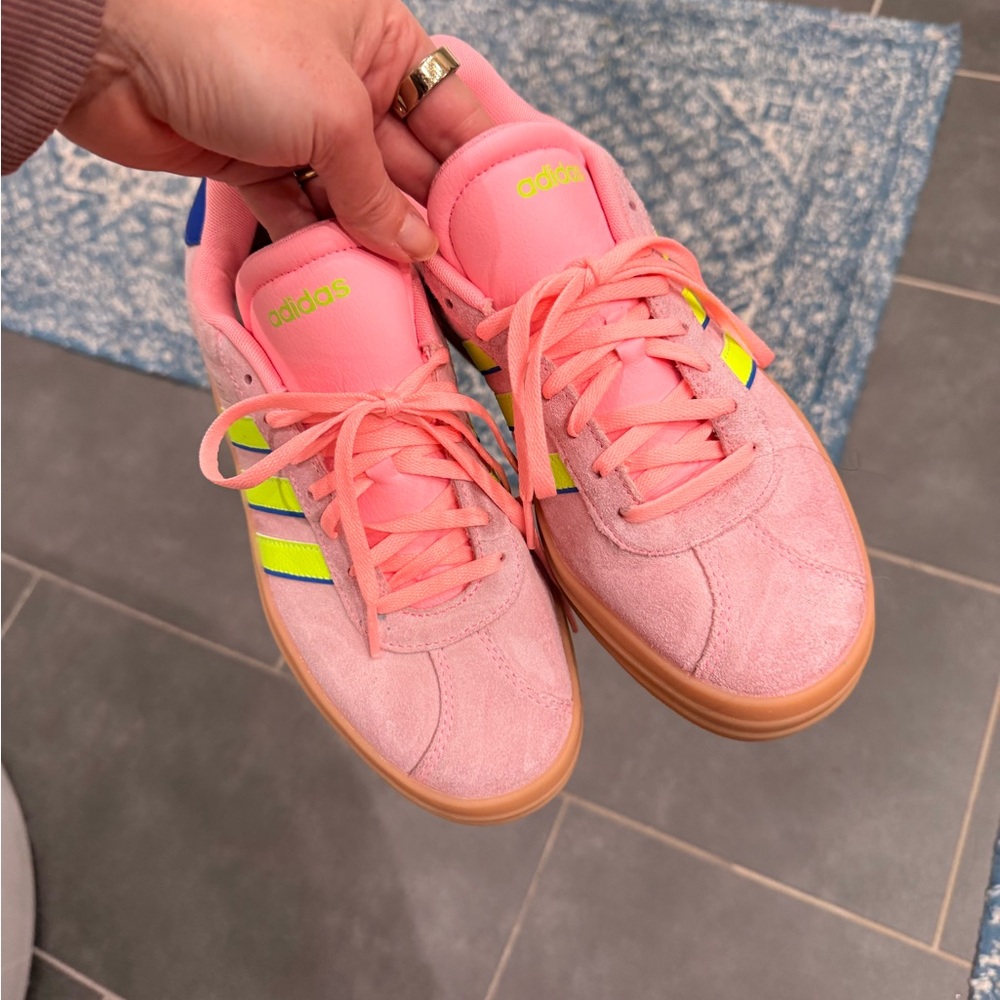 Adidas Pink Sneakers with Neon Stripes